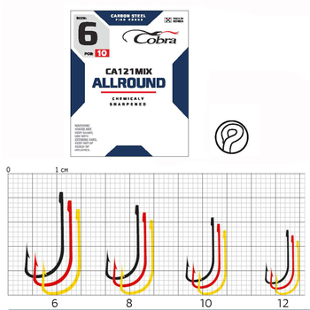 Одинарные крючки Cobra Allround CA121MIX черный, красный, золотой №10 10шт