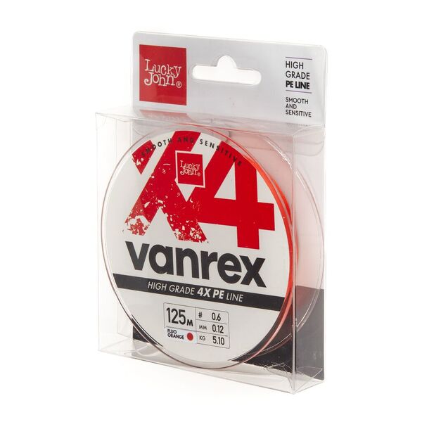 Плетеный шнур Lucky John Vanrex х4 Braid 125м 0.6PE 0.12мм 5.1кг Fluo Orange