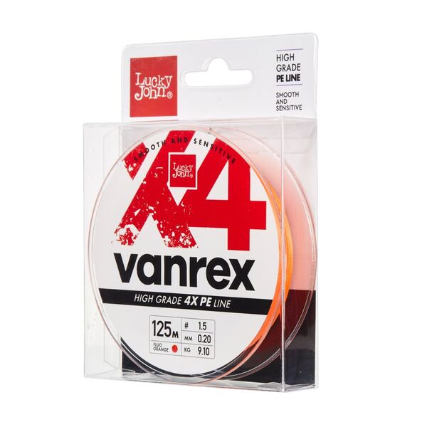 Плетеный шнур Lucky John Vanrex х4 Braid 125м 1.0PE 0.17мм 7.3кг Fluo Orange