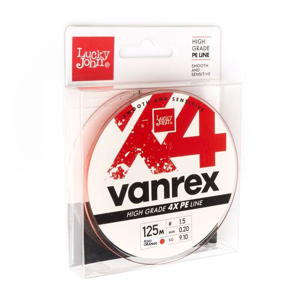 Плетеный шнур Lucky John Vanrex х4 Braid 125м 1.5PE 0.20мм 9.1кг Fluo Orange
