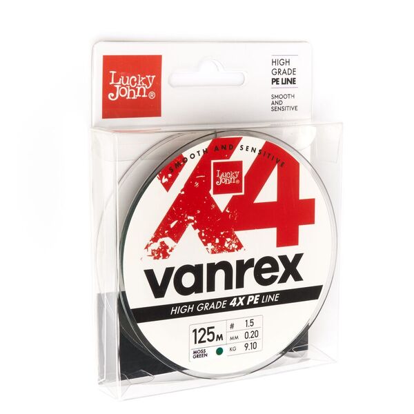 Плетеный шнур Lucky John Vanrex х4 Braid 125м 1.5PE 0.20мм 9.1кг Moss Green
