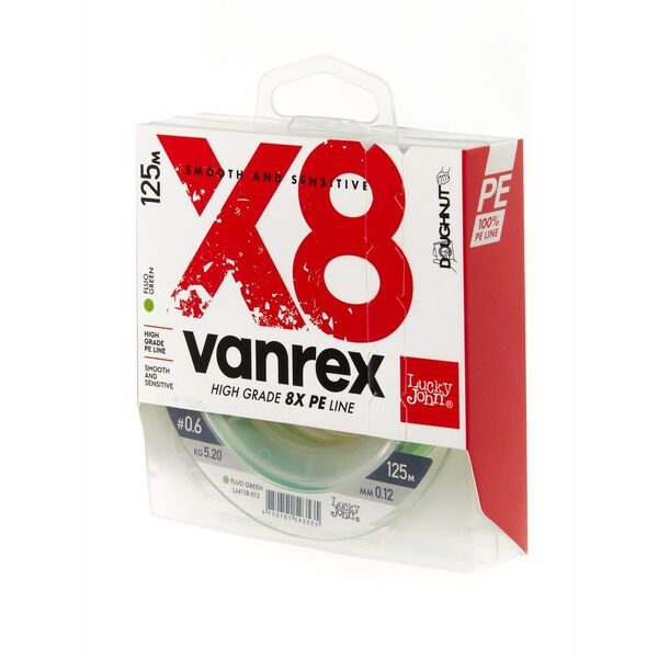 Плетеный шнур Lucky John Vanrex х8 Braid 125м 0.6PE 0.12мм 5.2кг Fluo Green