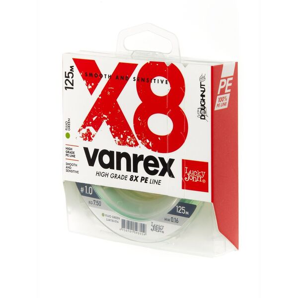 Плетеный шнур Lucky John Vanrex х8 Braid 125м 1.0PE 0.16мм 7.5кг Fluo Green