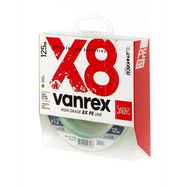 Плетеный шнур Lucky John Vanrex х8 Braid 125м 1.2PE 0.18мм 9.3кг Fluo Green