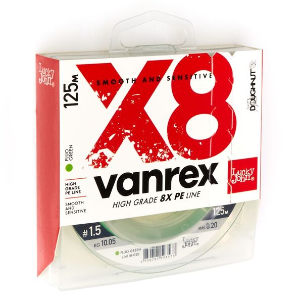 Плетеный шнур Lucky John Vanrex х8 Braid 125м 1.5PE 0.20мм 10.05кг Fluo Green